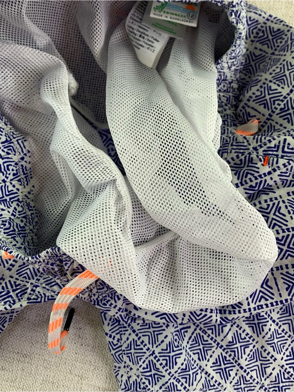 Crewcuts Blue Geometric Swim Trunks with Coral Drawstring